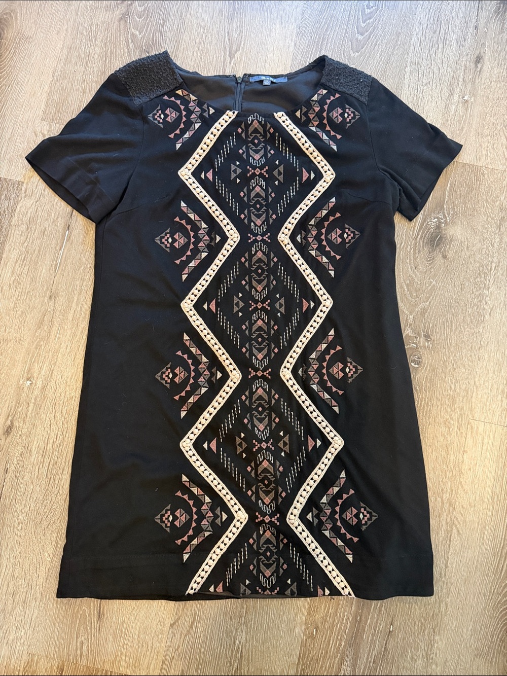 Miss me Black Short Sleeve Tunic Dress with Embroidered Geometric Aztec Print